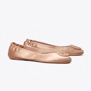 Tory Burch MINNIE EMBELLISHED-LOGO TRAVEL BALLET FLAT, SATIN